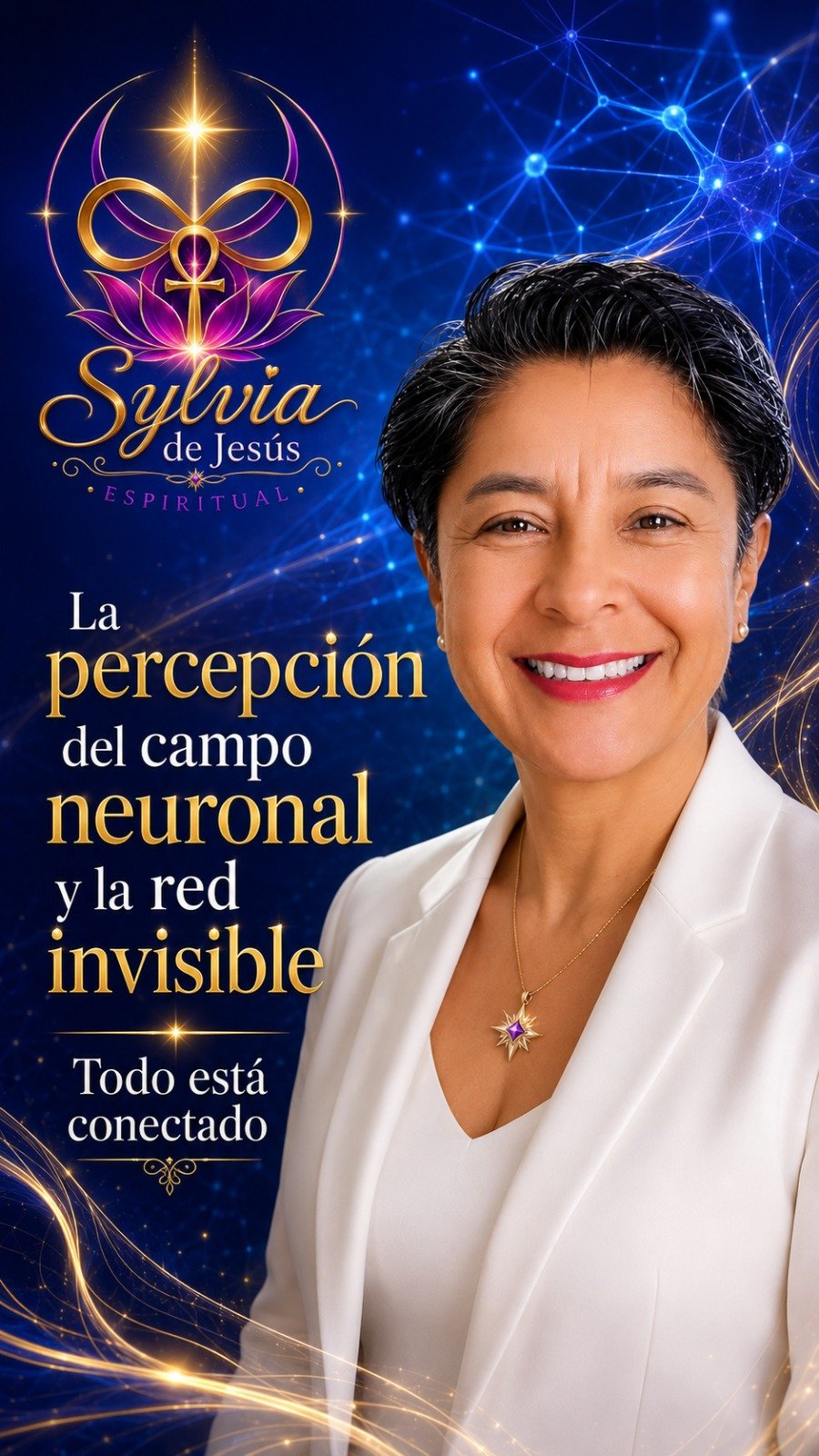 Retrato de Sylvia de Jesús con fondo azul de redes neuronales y luz dorada