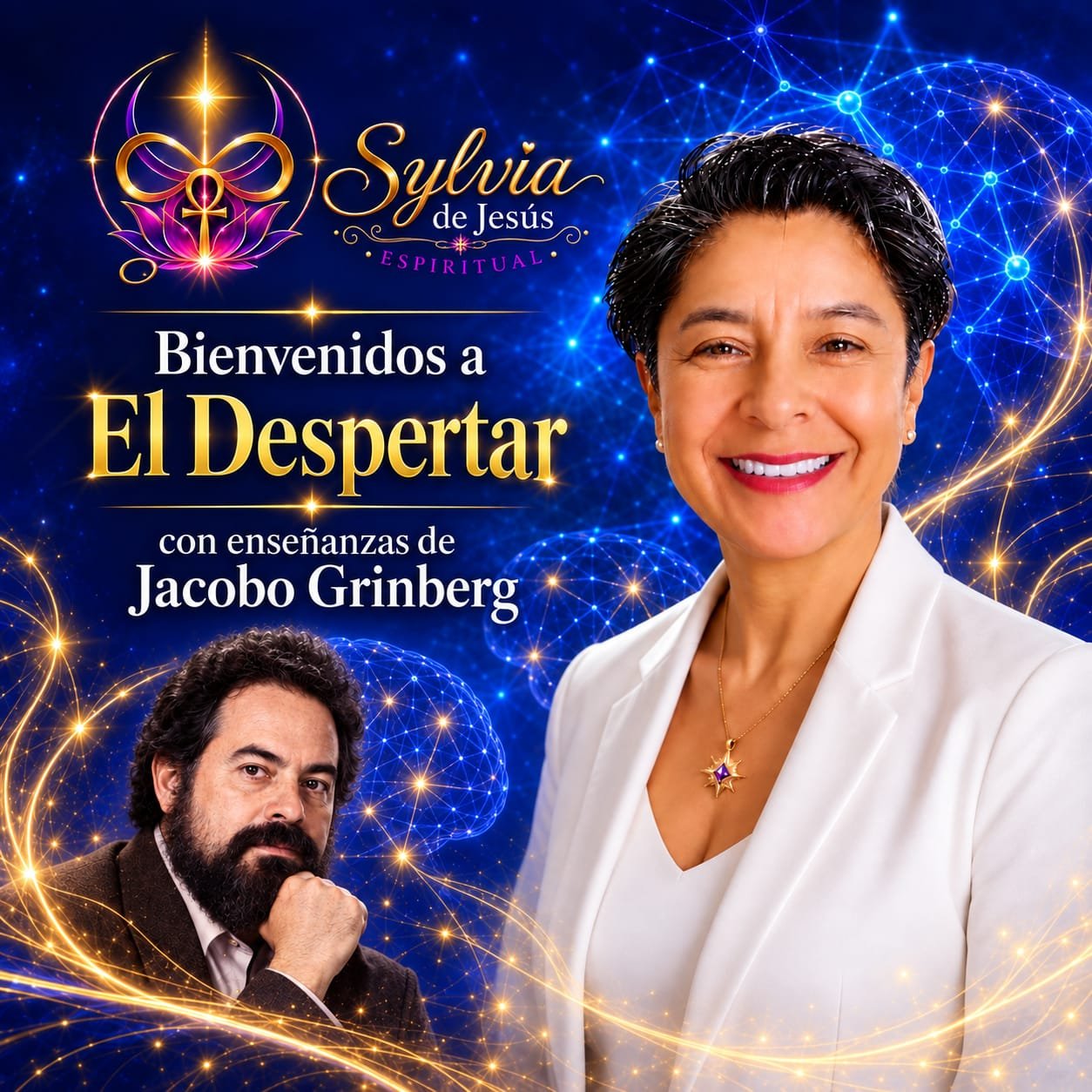 Sylvia de Jesús junto a una composición luminosa de redes neuronales para EL DESPERTAR